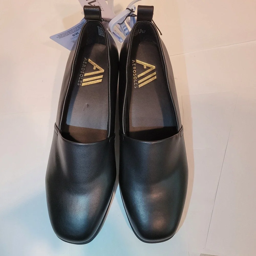 Aerosoles Trixie Women's Black Slip-On Wedge Wide Heels‎ Size 8W Comfort